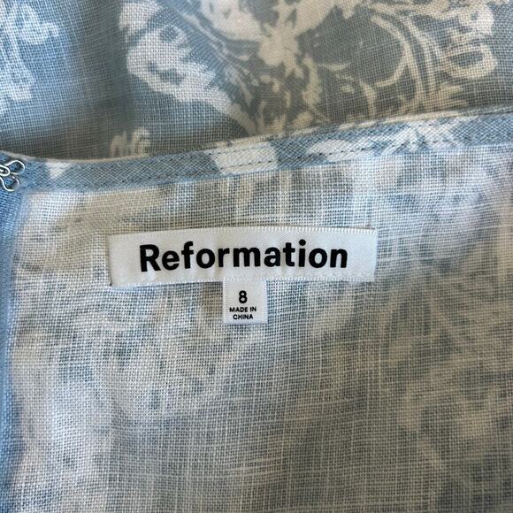 Reformation Linen Elmer Dress Porcelain Blue White Floral Halter Slit Size 8 - Picture 7 of 8